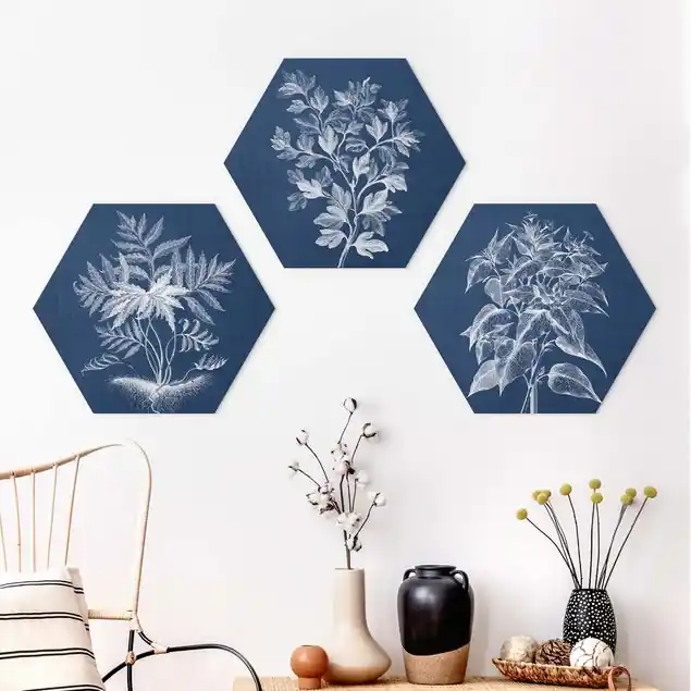 Denim Pflanzenstudie Set I 3-teiliges Hexagon-Alu-Dibond Bild Schnäppchen