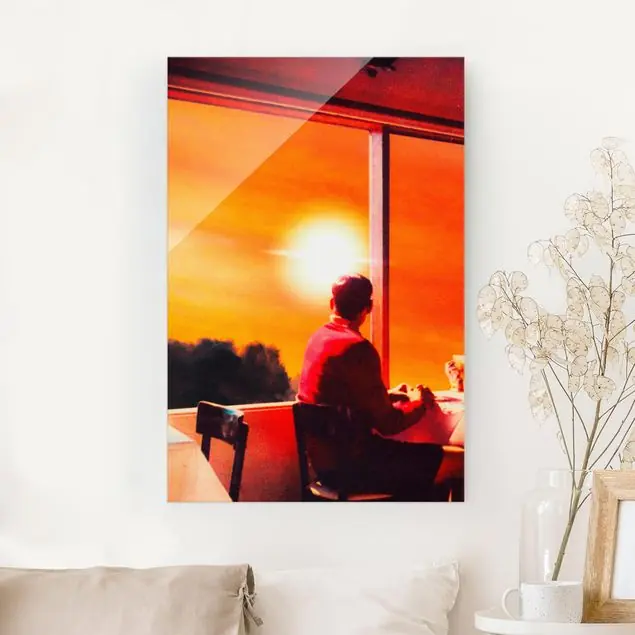 Markenprodukt Retro Collage - Frühstück mit Aussicht Glasbild