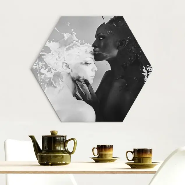 Milch & Kaffee Kuss schwarz weiß Hexagon-Alu-Dibond Bild Ausverkauf