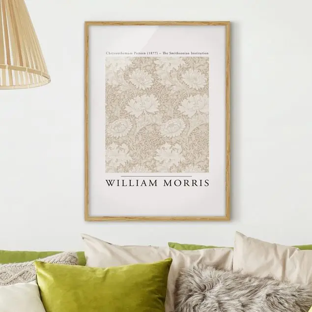 William Morris - Chrysanthemum Pattern Beige Bild mit Rahmen in Manufakturqualität • Eiche naturbelassen • inkl. Rahmung von Hand • Made in Germany Preis Gesenkt