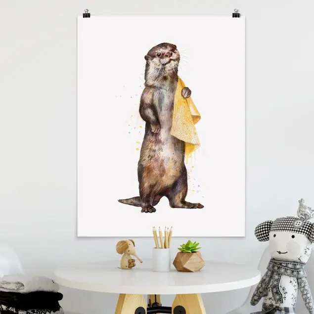 Illustration Otter mit Handtuch Malerei Weiß Poster - Hochformat Begrenztes Angebot