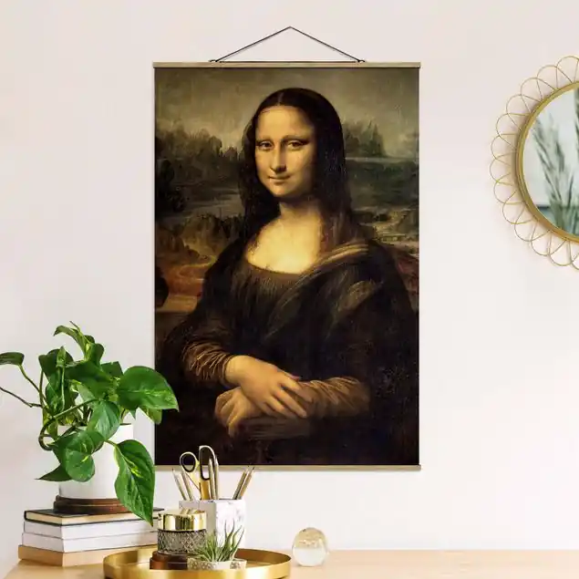 Aktuell Leonardo da Vinci - Mona Lisa Feines Stoffbild • inkl. filigraner Holzleisten & gewachster Baumwollkordel • edle Fine-Art-Optik mit Vintage-Charakter • gefertigt in Deutschland