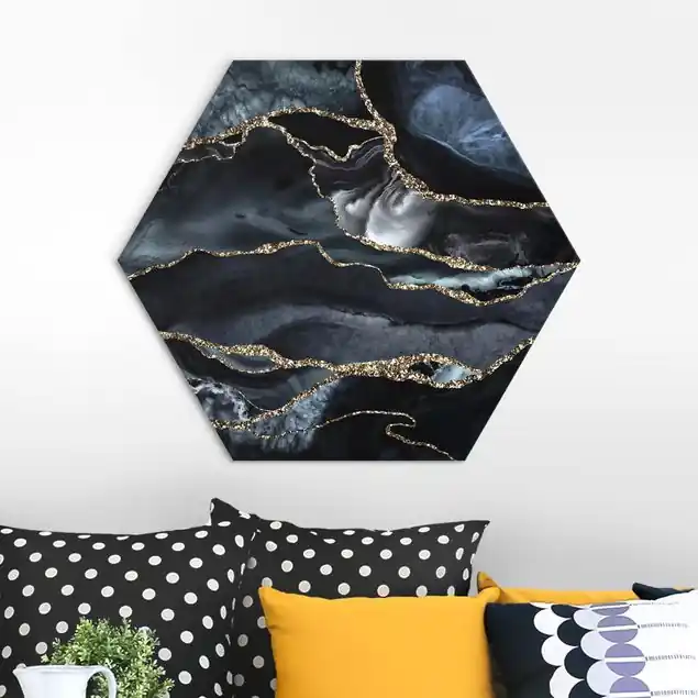 Sofort Bestellen Schwarz mit Glitzer Gold Hexagon-Alu-Dibond Bild