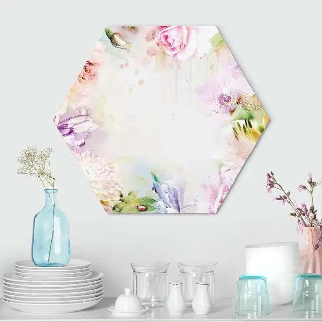 Aquarell Blütenmix Pastell Hexagon-Alu-Dibond Bild Bestpreis