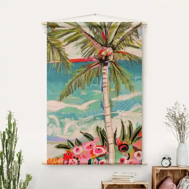 Kostenfreie Lieferung Palme mit pinken Blumen II Wandteppich • Handarbeit aus Deutschland • inkl. Rundhölzer & Baumwollseil • lösemittelfrei • natürliche Raumwirkung