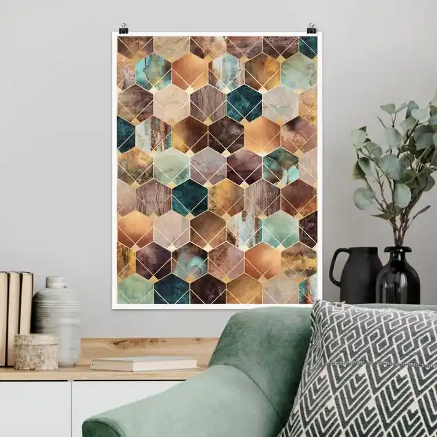 Türkise Geometrie goldenes Art Deco Poster - Hochformat Geprüft