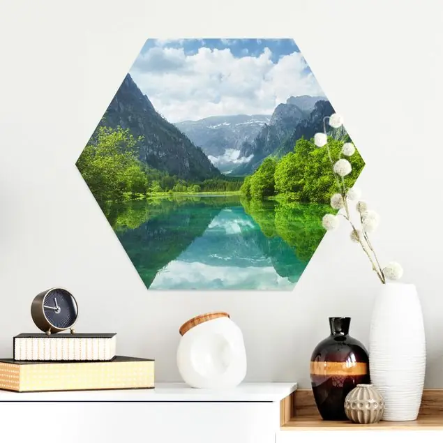 Bergsee mit Spiegelung Hexagon-Alu-Dibond Bild Versand Am Gleichen Tag