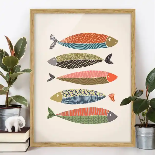 Neu Fünf Bunte Fische Bild mit Rahmen in Manufakturqualität • Eiche naturbelassen • inkl. Rahmung von Hand • Made in Germany