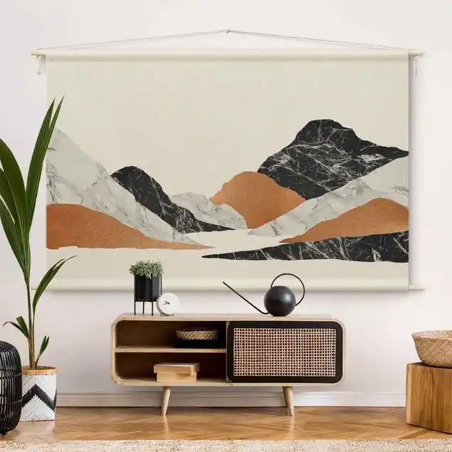 Echt Landschaft in Marmor und Kupfer II Wandteppich • Handarbeit aus Deutschland • inkl. Rundhölzer & Baumwollseil • lösemittelfrei • natürliche Raumwirkung