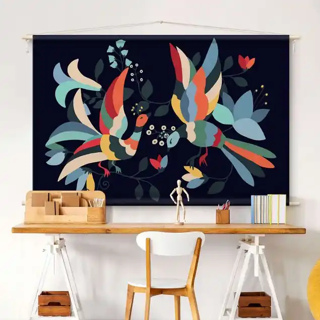 Saisonangebot Bunte Vögel Illustration Wandteppich • Handarbeit aus Deutschland • inkl. Rundhölzer & Baumwollseil • lösemittelfrei • natürliche Raumwirkung