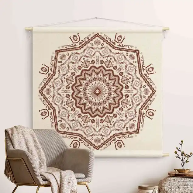 Azteken Boho Mandala in Kastanienbraun Wandteppich • Handarbeit aus Deutschland • inkl. Rundhölzer & Baumwollseil • lösemittelfrei • natürliche Raumwirkung Jetzt Bestellen