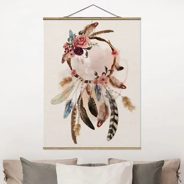 Abverkauf Traumfänger mit Rosen und Federn                               Feines Stoffbild • inkl. filigraner Holzleisten & gewachster Baumwollkordel • edle Fine-Art-Optik mit Vintage-Charakter • gefertigt in Deutschland