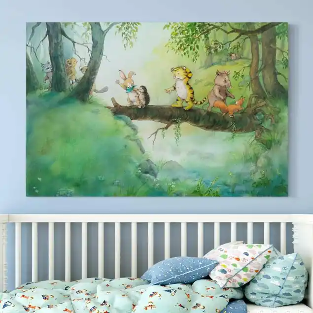 Kleiner Tiger - Baumbrücke Leinwandbild • hergestellt in Deutschland • langlebiges Canvas mit Holzkeilrahmen • klassische Struktur Aktuell