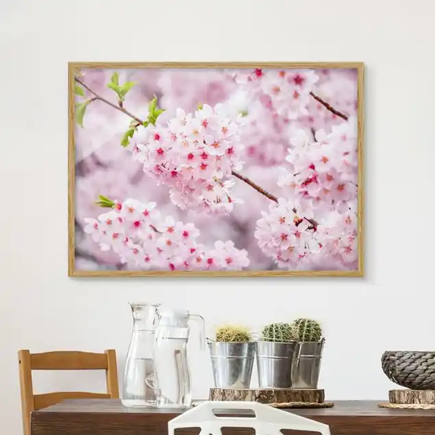 Japanische Kirschblüten Bild mit Rahmen in Manufakturqualität • Eiche naturbelassen • inkl. Rahmung von Hand • Made in Germany Jetzt Bestellen
