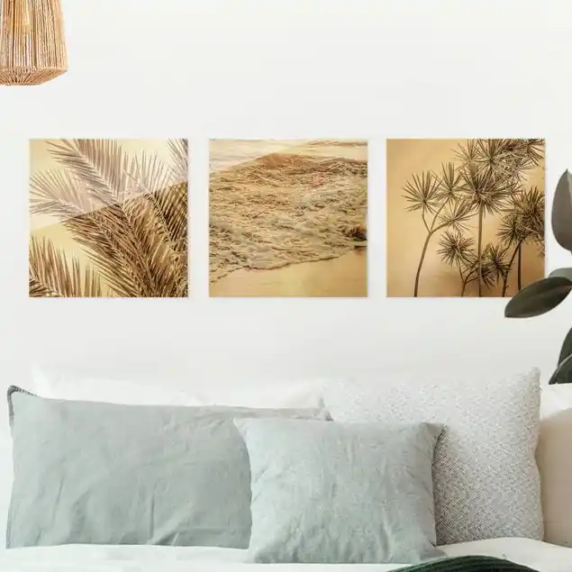 Sofort Bestellen Strand und goldene Palmen 3-teiliges Glasbild