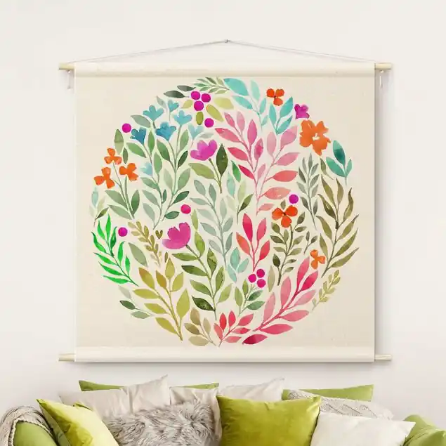 Bestseller Blumiges Aquarell im Kreis Wandteppich • Handarbeit aus Deutschland • inkl. Rundhölzer & Baumwollseil • lösemittelfrei • natürliche Raumwirkung