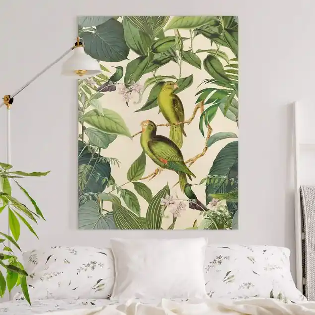 Abverkauf Vintage Collage - Papageien im Dschungel                               Leinwandbild • hergestellt in Deutschland • langlebiges Canvas mit Holzkeilrahmen • klassische Struktur