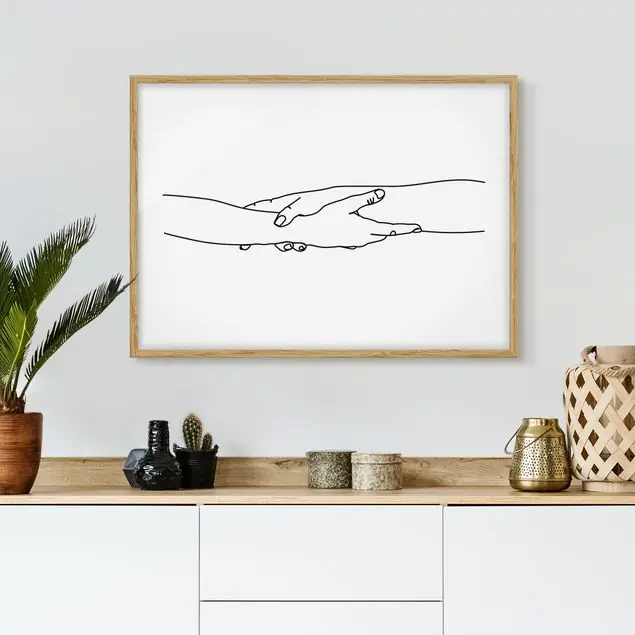 Top-Angebot Freundschaftliche Hände Line Art Bild mit Rahmen in Manufakturqualität • Eiche naturbelassen • inkl. Rahmung von Hand • Made in Germany