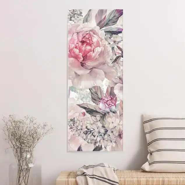 Zartes Aquarell Pfingstrosen Muster                               Glasbild Preiswert