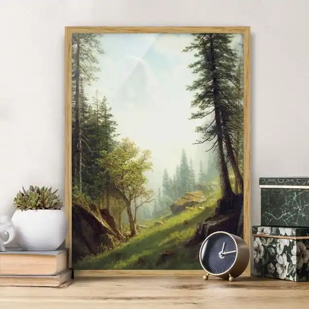 Zertifiziert Albert Bierstadt - In den Berner Alpen                               Bild mit Rahmen in Manufakturqualität • Eiche naturbelassen  • inkl. Rahmung von Hand • Made in Germany