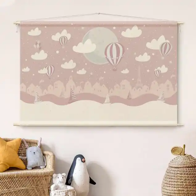 Rabatt Paris mit Sternen und Heißluftballon in Rosa Wandteppich • Handarbeit aus Deutschland • inkl. Rundhölzer & Baumwollseil • lösemittelfrei • natürliche Raumwirkung