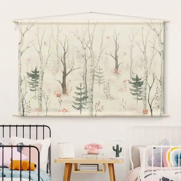 Expressversand Birkenwald mit Mohnblumen Wandteppich • Handarbeit aus Deutschland • inkl. Rundhölzer & Baumwollseil • lösemittelfrei • natürliche Raumwirkung