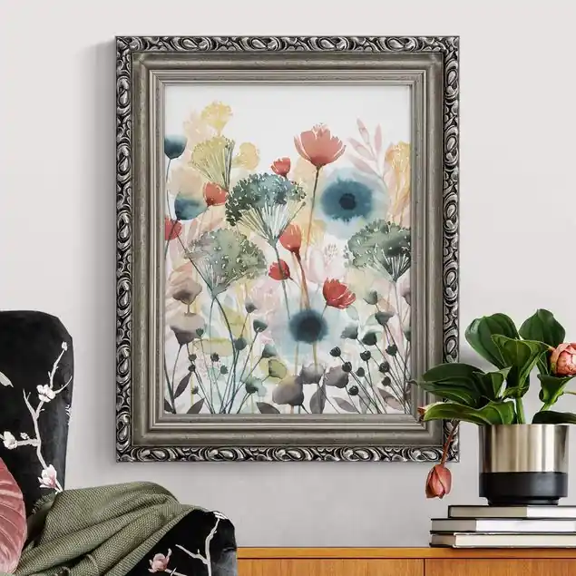 Sichere Zahlung Wildblumen im Sommer I Brillantes Leinwandbild • inkl. silbernem Barockrahmen • Made in Germany • filigrane Verzierungen in Antikoptik • perfektes Eyecatcher-Piece