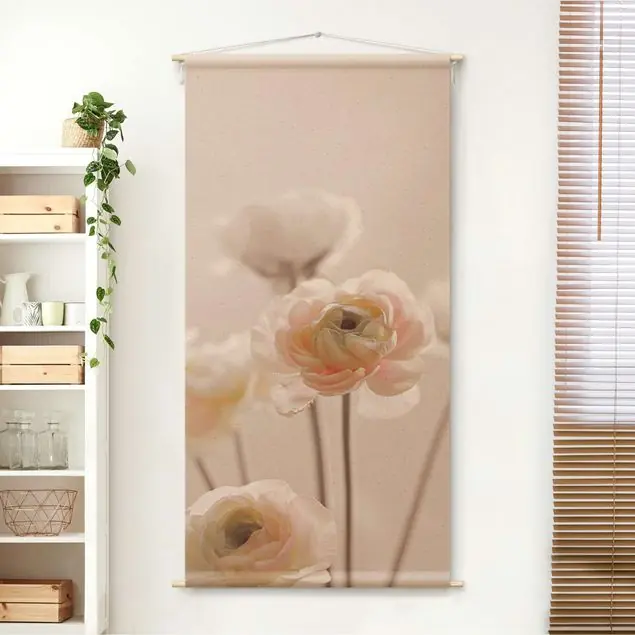 Zarter Strauch an Rosa Blüten                               Wandteppich • Handarbeit aus Deutschland • inkl. Rundhölzer & Baumwollseil • lösemittelfrei • natürliche Raumwirkung Abverkauf