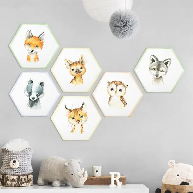 Heißes Angebot Aquarell Waldtiere Set V 6-teiliges Hexagon-Alu-Dibond Bild
