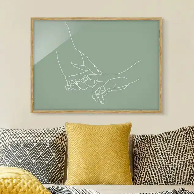 Zärtliche Hände Line Art in Grün                               Bild mit Rahmen in Manufakturqualität • Eiche naturbelassen  • inkl. Rahmung von Hand • Made in Germany Begrenztes Angebot