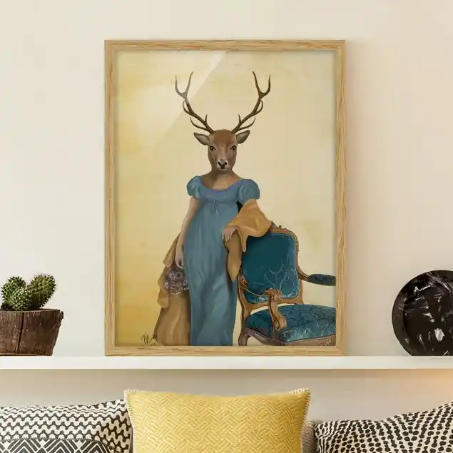 Wochenendangebot Tierportrait - Rotwilddame Bild mit Rahmen in Manufakturqualität • Eiche naturbelassen • inkl. Rahmung von Hand • Made in Germany