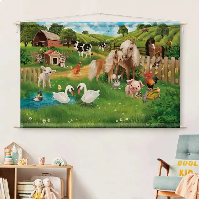Animal Club International - Tiere auf dem Bauernhof Wandteppich • Handarbeit aus Deutschland • inkl. Rundhölzer & Baumwollseil • lösemittelfrei • natürliche Raumwirkung Super-Preis
