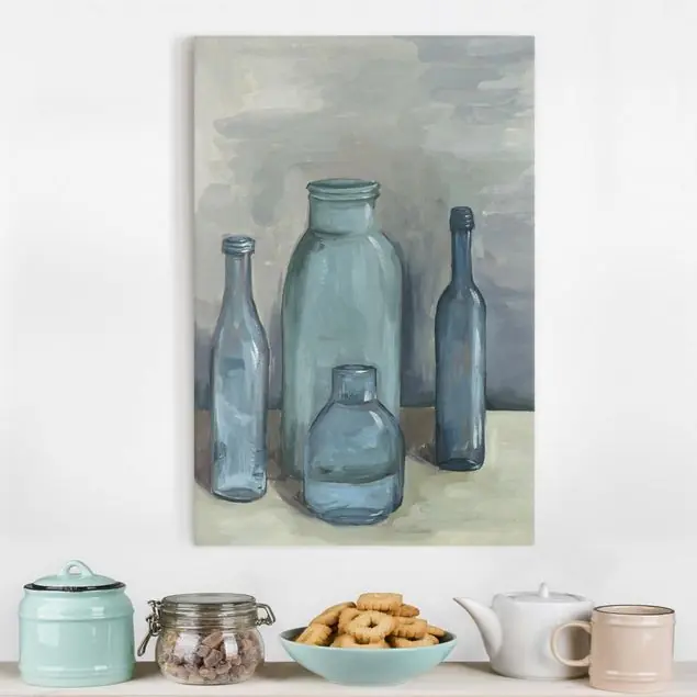 Stillleben mit Glasflaschen II Leinwandbild • hergestellt in Deutschland • langlebiges Canvas mit Holzkeilrahmen • klassische Struktur Preisknaller