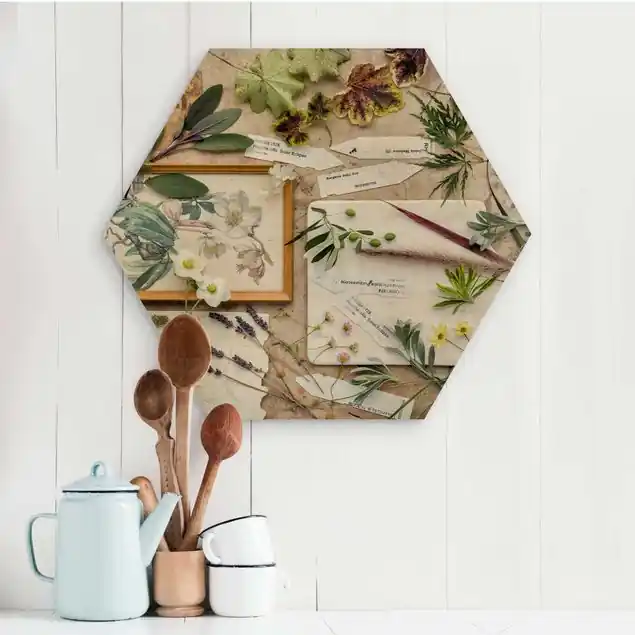 Blumen und Gartenkräuter Vintage Hexagon-Holzbild Begrenztes Angebot