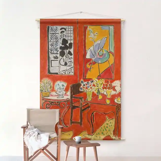 Preisknaller Henri Matisse - Großes rotes Interieur Wandteppich • Handarbeit aus Deutschland • inkl. Rundhölzer & Baumwollseil • lösemittelfrei • natürliche Raumwirkung