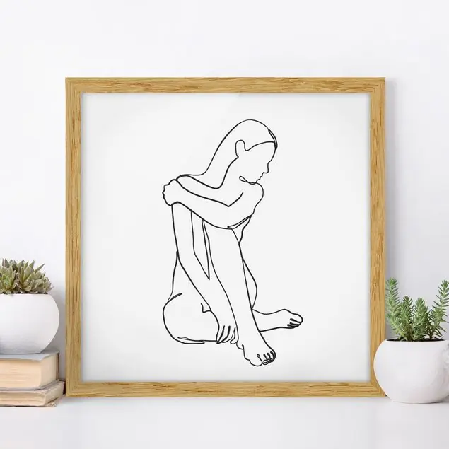 Wochenendangebot Line Art Frau Akt Schwarz Weiß                               Bild mit Rahmen in Manufakturqualität • Eiche naturbelassen  • inkl. Rahmung von Hand • Made in Germany