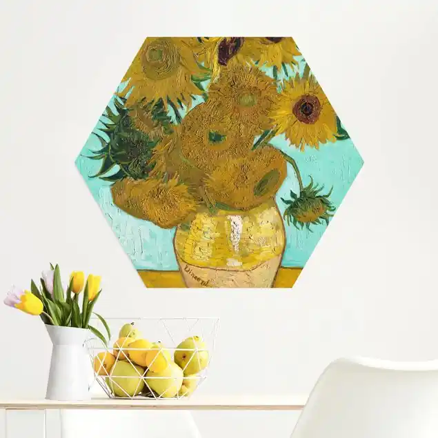 Must-Have Vincent van Gogh - Vase mit Sonnenblumen Hexagon-Alu-Dibond Bild