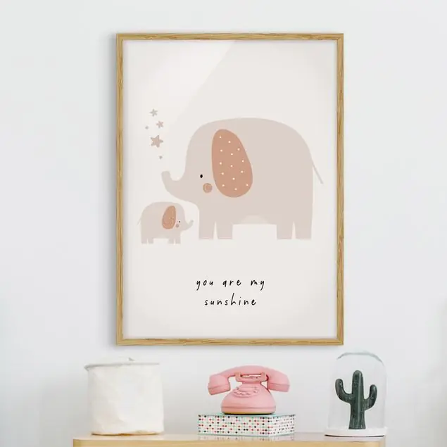 Boho Elefantenmama mit Baby Bild mit Rahmen in Manufakturqualität • Eiche naturbelassen • inkl. Rahmung von Hand • Made in Germany Jetzt Kaufen