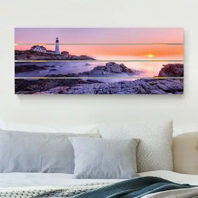 Günstig Leuchtturm am Morgen Holzbild Plankenoptik - Panorama