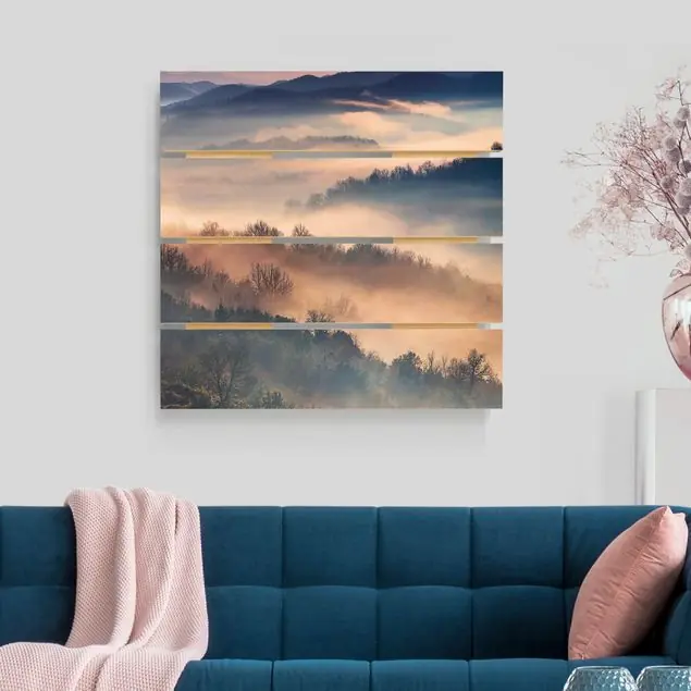 Nebel bei Sonnenuntergang Holzbild Plankenoptik - Quadrat Neue Ware