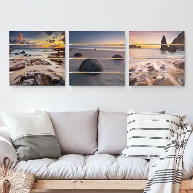 Sonnenaufgänge am Strand 3-teiliges Holzbild Plankenoptik - Quadrat Ausverkauf