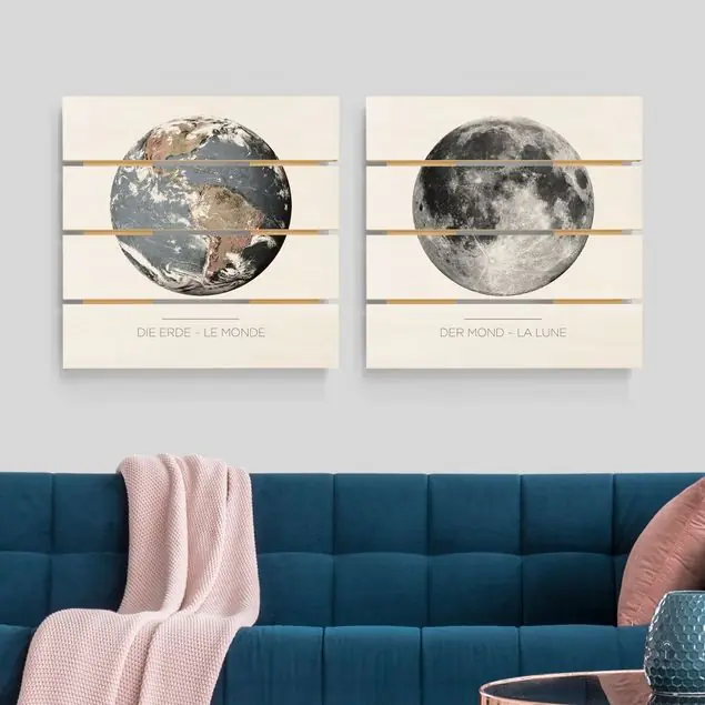 Garantierte Lieferung Mond und Erde 2-teiliges Holzbild Plankenoptik - Quadrat