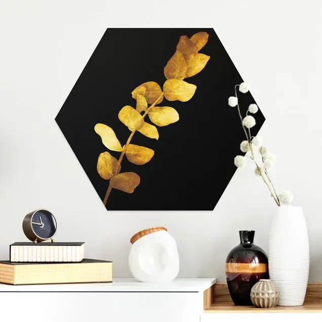 Billig Gold - Eukalyptus auf Schwarz Hexagon-Alu-Dibond Bild