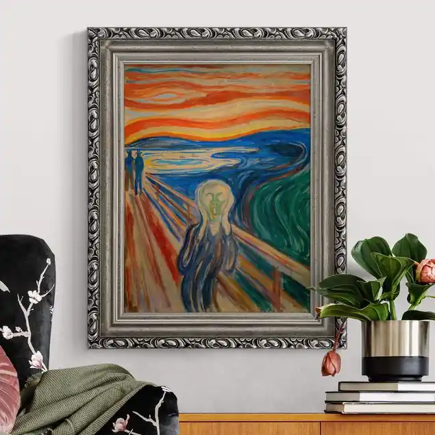 Nur Heute Edvard Munch - Der Schrei Brillantes Leinwandbild • inkl. silbernem Barockrahmen • Made in Germany • filigrane Verzierungen in Antikoptik • perfektes Eyecatcher-Piece
