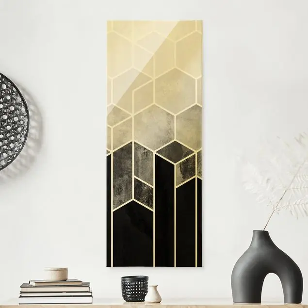 Goldene Geometrie - Sechsecke Schwarz Weiß Glasbild Heißes Angebot