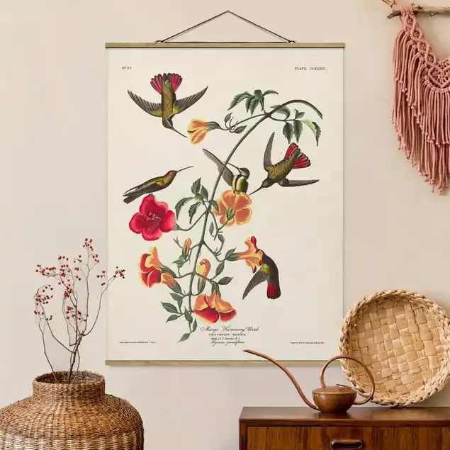 Wochenendangebot Vintage Lehrtafel Mango Kolibris Feines Stoffbild • inkl. filigraner Holzleisten & gewachster Baumwollkordel • edle Fine-Art-Optik mit Vintage-Charakter • gefertigt in Deutschland