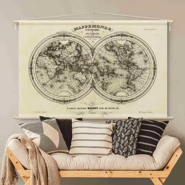 Weltkarte - Französische Karte der Hemissphären von 1848 Wandteppich • Handarbeit aus Deutschland • inkl. Rundhölzer & Baumwollseil • lösemittelfrei • natürliche Raumwirkung Jetzt Kaufen