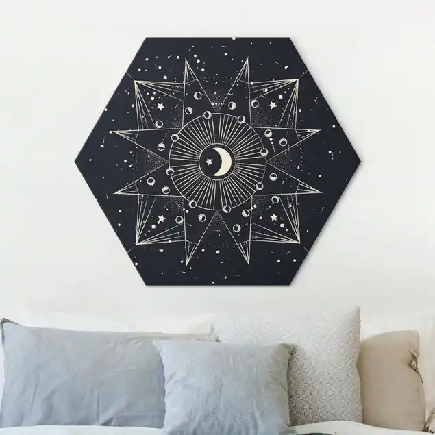 Geprüft Astrologie Mond Magie Blau Gold Hexagon-Alu-Dibond Bild