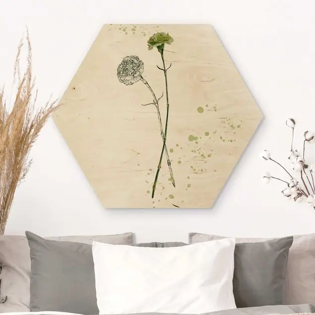 Günstig Botanisches Aquarell - Nelke Hexagon-Holzbild