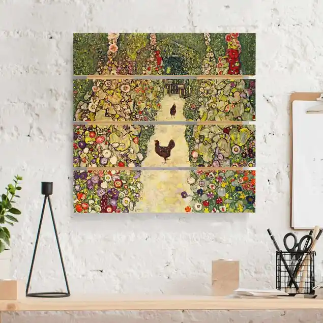 Geprüft Gustav Klimt - Gartenweg mit Hühnern Holzbild Plankenoptik - Quadrat